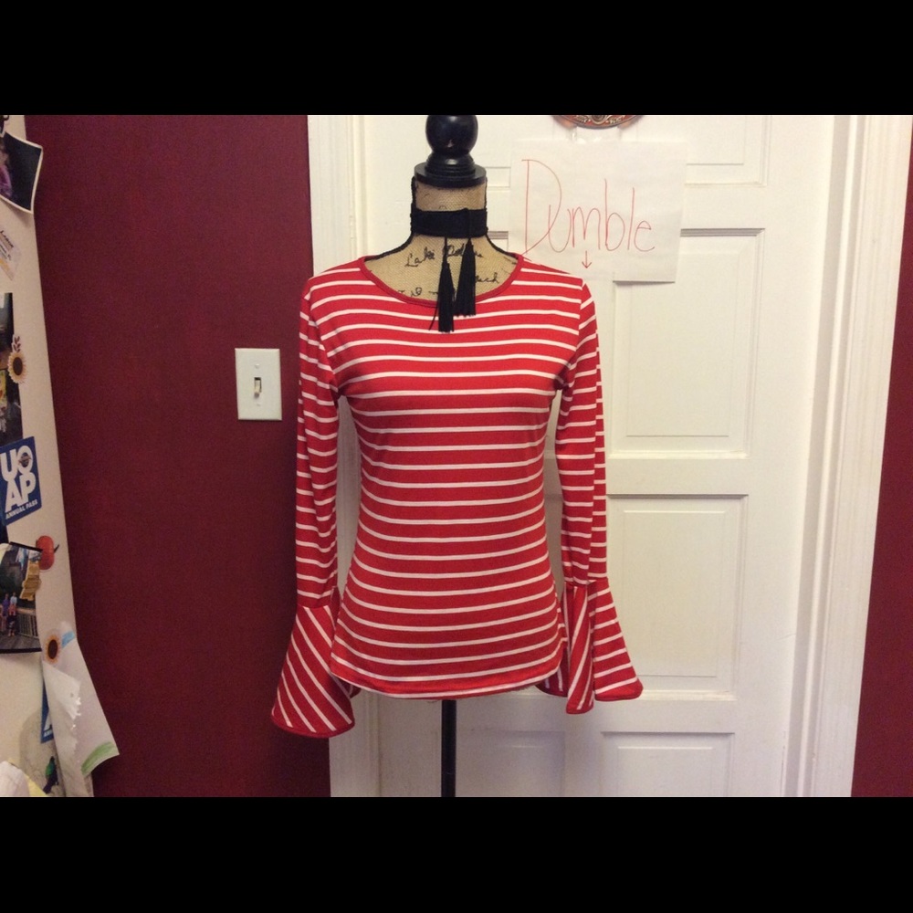 ❤️5 Star 🌟 Red striped bell sleeve top❤️ - Picture 4 of 8
